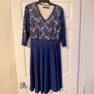 Blue & Beige Lace Fit & Flare Dress